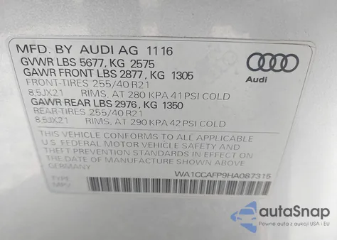 2017 Audi Sq5 3.0T Premium Plus z USA, uszkodzony, nr VIN WA1CCAFP9HA087315